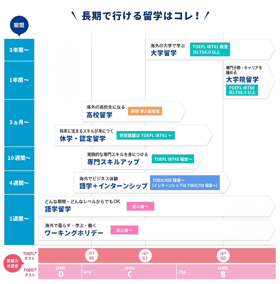 長期留学でできることが画像で載っています。詳しくは長期留学でできることから詳しく解説します。