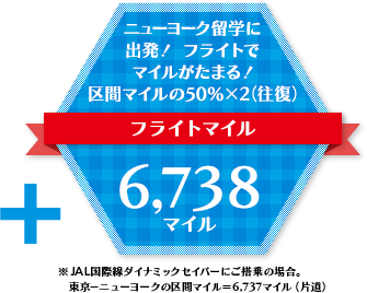 ニューヨーク留学に出発！フライトでマイルがたまる！区間マイルの50%×2（往復）フライトマイル≪6,738マイル≫ ※JAL国際線ダイナミックセイバーにご搭乗の場合。東京－ニューヨークの区間マイル＝6,737マイル（片道）