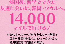 帰国後、留学でできた友達に会いに、韓国・ソウルへ。14,000マイルで行ける！ ※JALホームページからJALカード割引で日本-韓国（往復／エコノミークラス）の特典航空券に交換した場合。