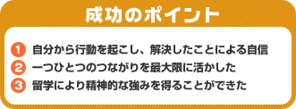 成功のポイント 1．自分から行動を起こし、解決したことによる自信　2．一つひとつのつながりを最大限に活かした　3．留学により精神的な強みを得ることができた