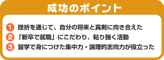 成功のポイント 1．挫折を通じて、自分の将来と真剣に向き合えた2．「新卒で就職」にこだわり、粘り強く活動3．留学で身につけた集中力・論理的志向力が役立った