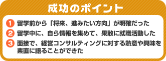 成功のポイント　1．留学前から「将来、進みたい方向」が明確だった　2．留学中に、自ら情報を集めて、果敢に就職活動した　3．面接で、経営コンサルティングに対する熱意や興味を素直に語ることができた