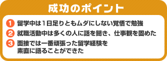 成功のポイント　1．留学中は1日足りともムダにしない覚悟で勉強　2．就職活動中は多くの人に話を聞き、仕事観を固めた　3．面接では一番頑張った留学経験を素直に語ることができた