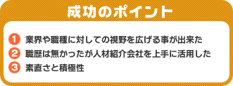 成功のポイント 1.業界や職種に対しての視野を広げる事が出来た　2.職歴は無かったが人材紹介会社を上手に活用した　3.素直さと積極性