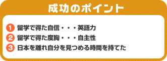 成功のポイント　1．留学で得た自信・・・英語力　2．留学で得た度胸・・・自主性　3．日本を離れ自分を見つめる時間を持てた