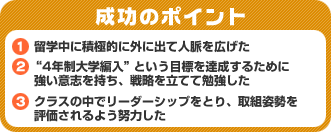 成功のポイント　1）留学中に積極的に外に出て人脈を広げた　2）“4年制大学編入”という目標を達成するために強い意志を持ち、戦略を立てて勉強した　3）クラスの中でリーダーシップをとり、取組姿勢を評価されるよう努力した