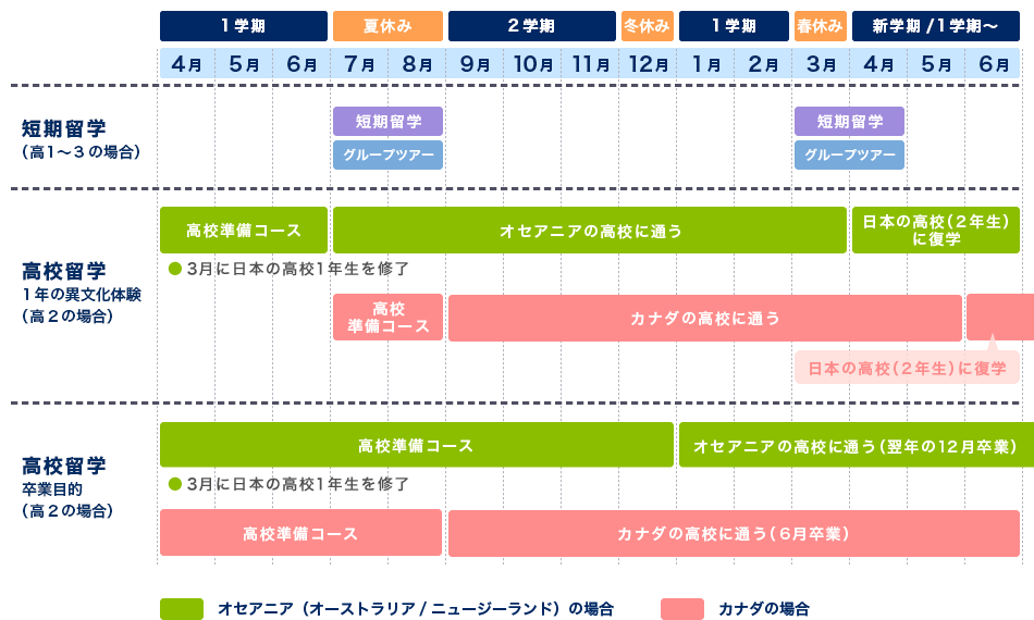 高校生の留学プランごとのスケジュール表