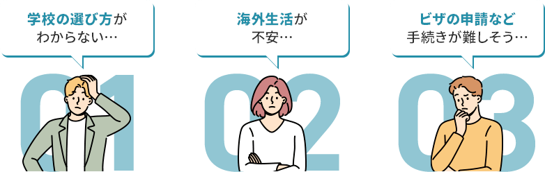 学校の選び方がわからない...　海外生活が不安...　ビザの申請など手続きが難しそう...