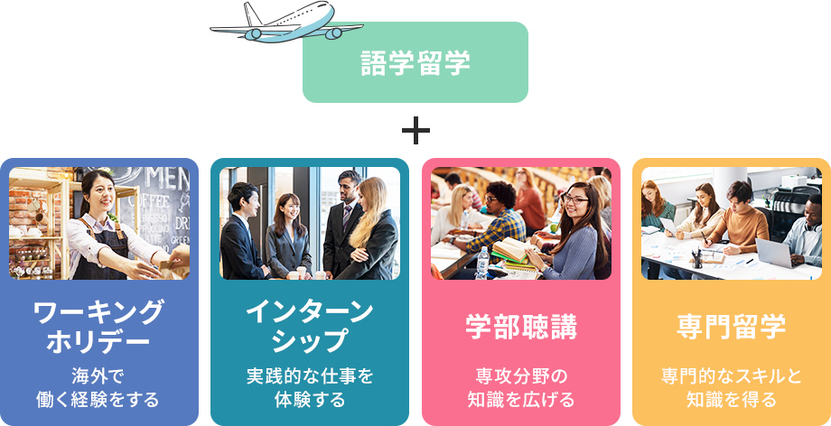 語学留学＋ワーキングホリデー　インターンシップ　学部聴講　専門留学