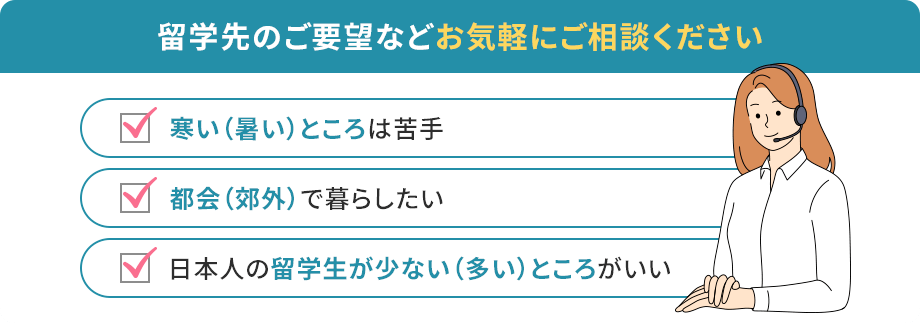 留学先のご要望などお気軽にご相談ください