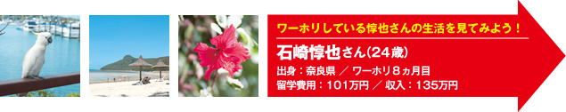 「ワーホリしている惇也さんの生活を見てみよう！」石崎惇也さん（24歳）　出身：奈良県 ／ ワーホリ8ヵ月目　留学費用：101万円 ／ 収入：135万円